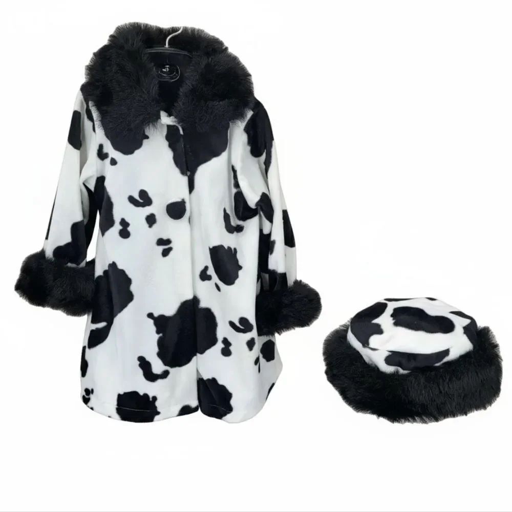 Joy Kid Vintage Faux Fur Cow Print Coat and Pill Box Hat Girls Toddler Size 2
